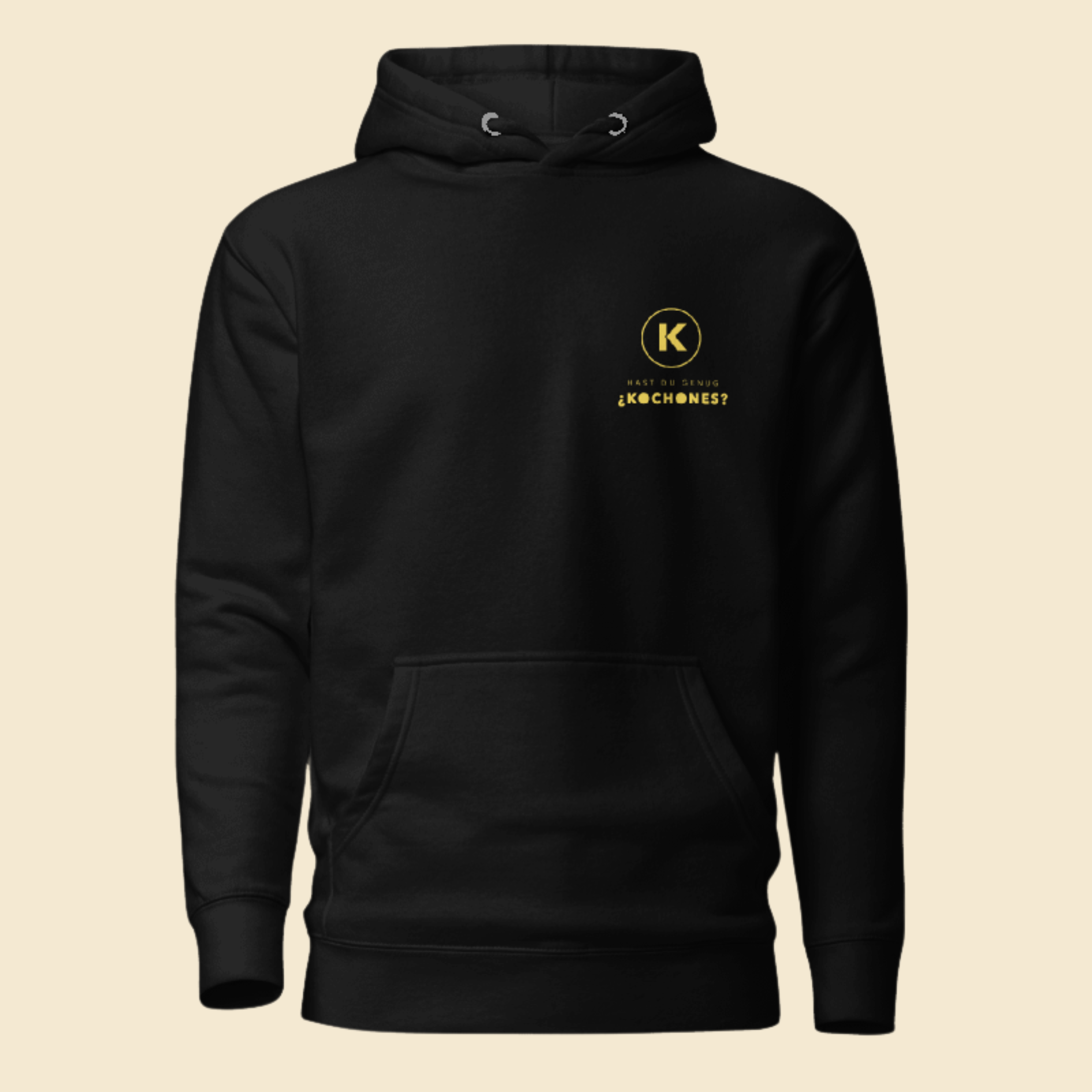 Produktfoto eines schwarzen Kapuzenpulli mit Kochones Logo