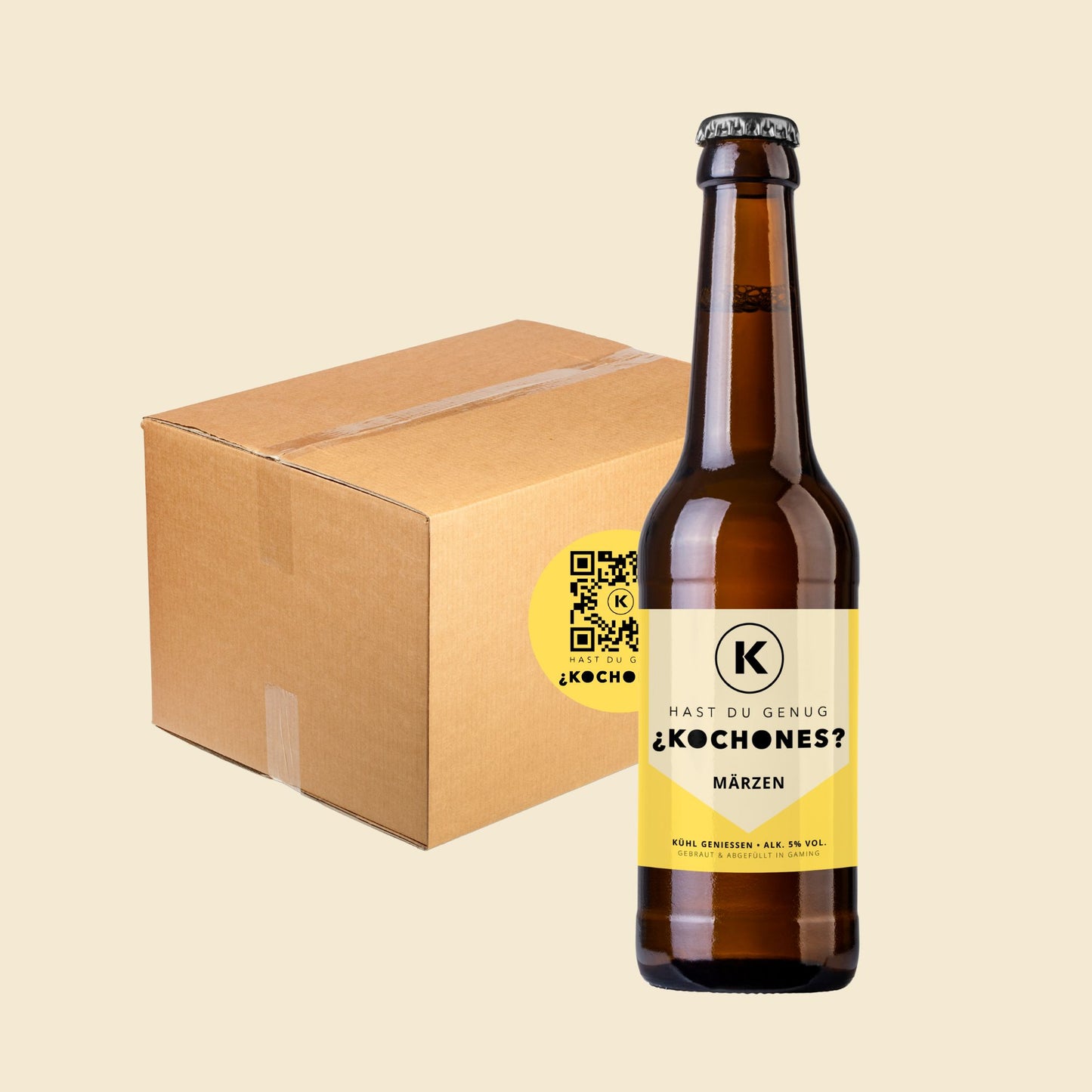 Produktbild eines Kartons und einer Kochones Bierflasche