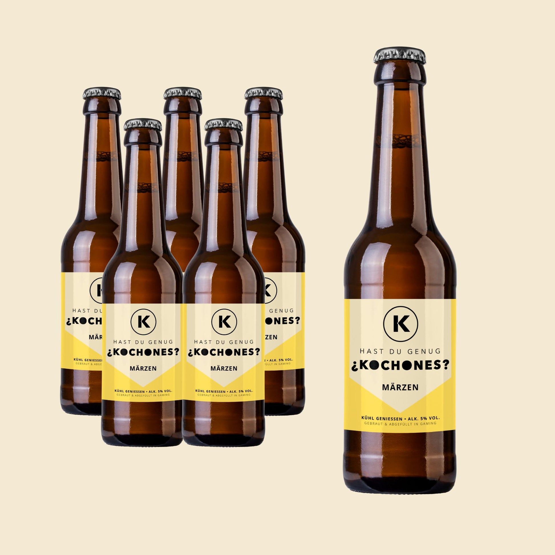 Produktfoto von sechs Kochones Bierflaschen